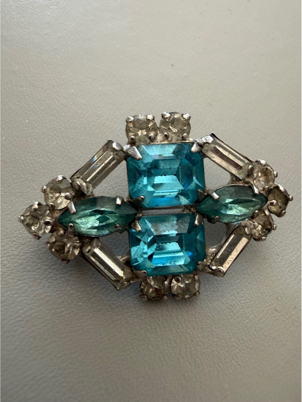 Vintage Silver Tone Brooch with Blue and Clear Rhinestones